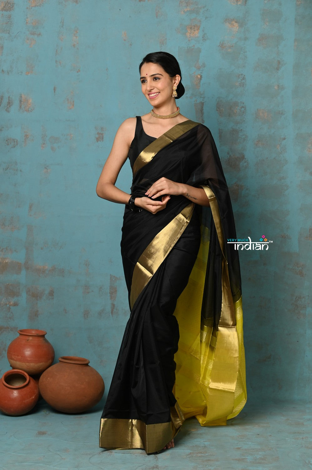 Very Much Indian Prerna - Handloom Pure Chanderi Cotton Silk Saree With Golden Border - Black | Swadesiicart