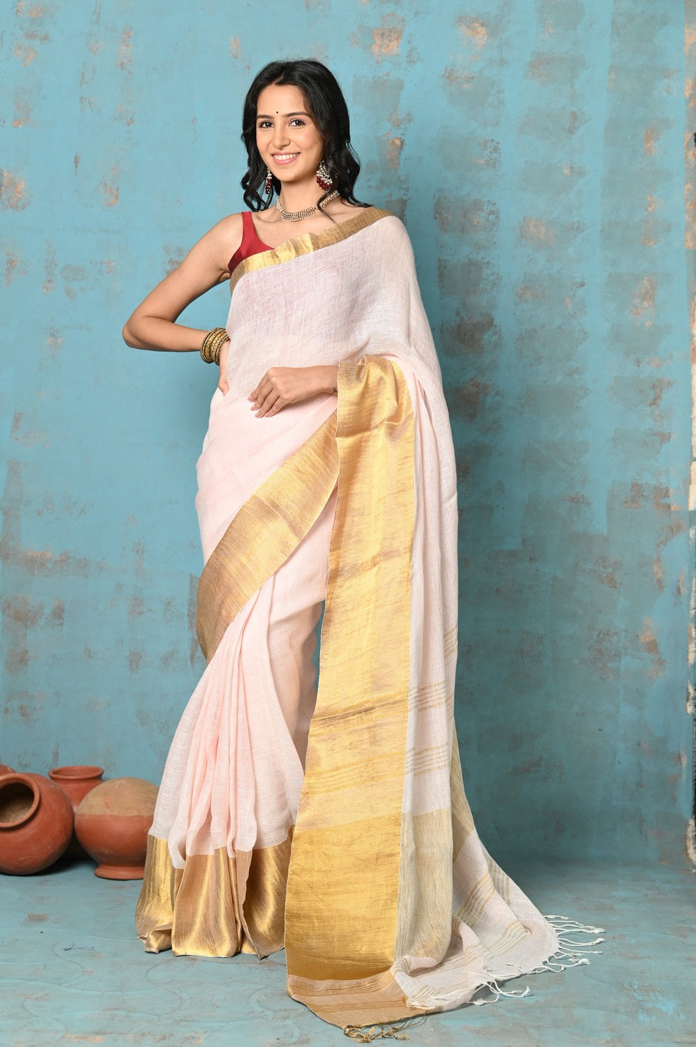 Very Much Indian Tyohaar - Handloom Pure Organic Linen Saree With Golden Border - Baby Pink (High Quality Linen) | Swadesiicart