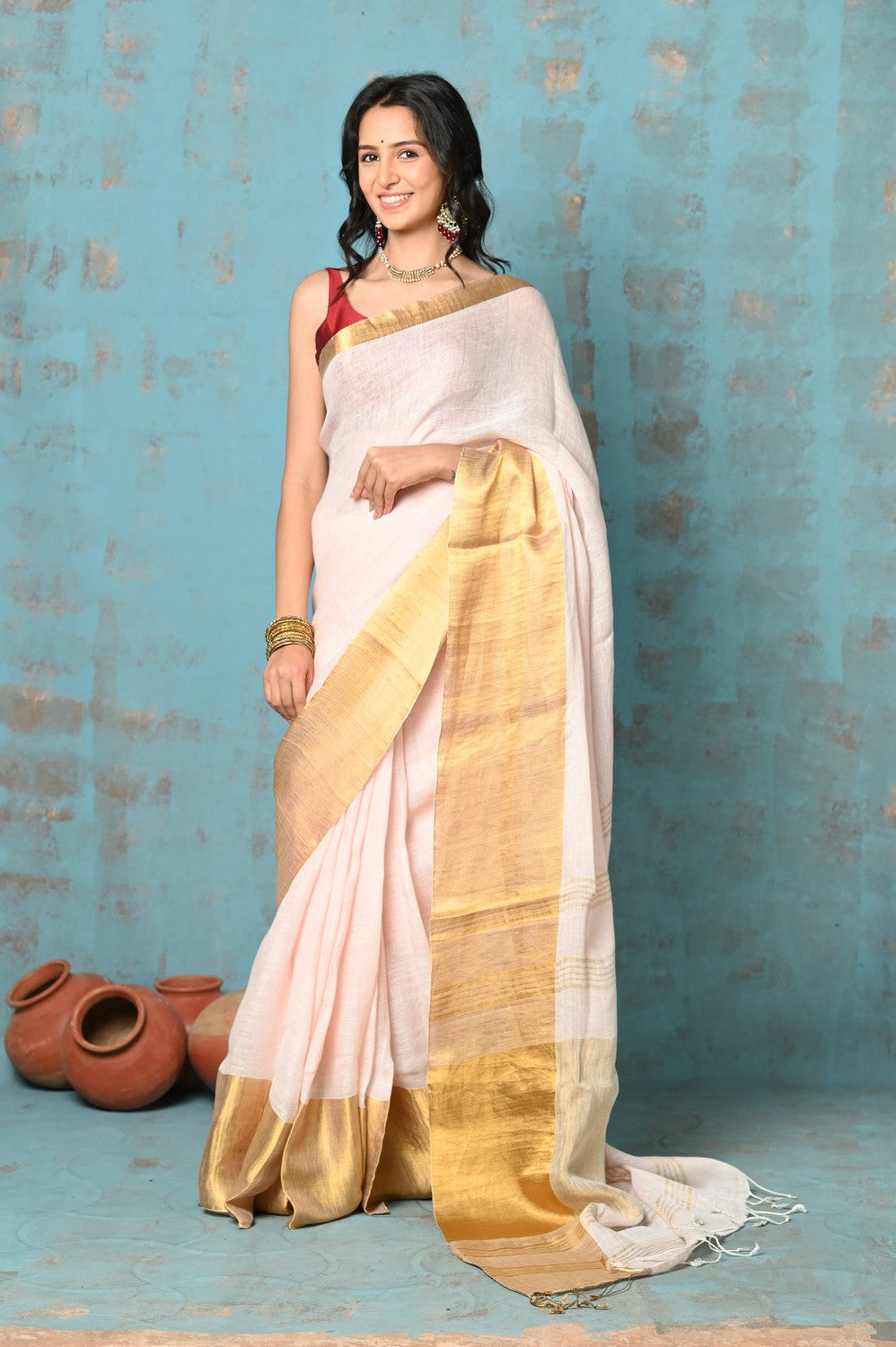 Very Much Indian Tyohaar - Handloom Pure Organic Linen Saree With Golden Border - Baby Pink (High Quality Linen) | Swadesiicart