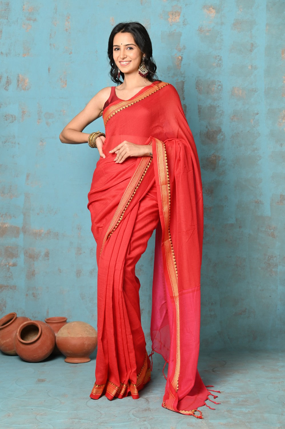 Very Much Indian Tyohaar - Pure Mul Cotton Handloom Saree - Red | Swadesiicart