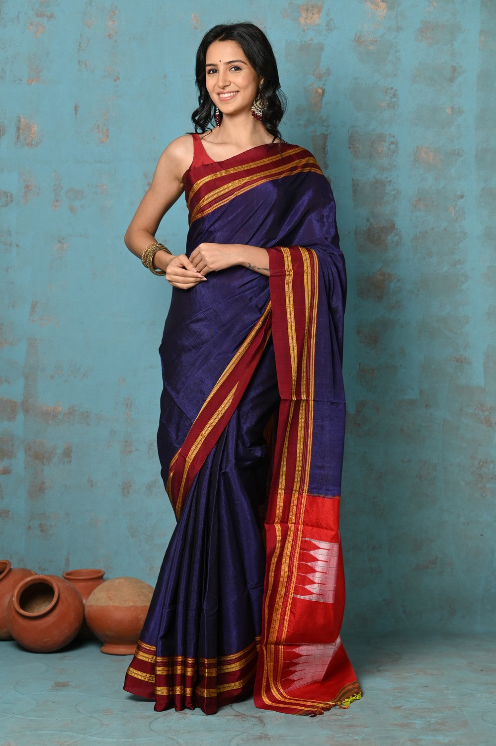 Very Much Indian Tyohaar - Traditional Handloom Royal Blue Ilkal Cotton Viscose with Red Pure Silk Pallu | Swadesiicart