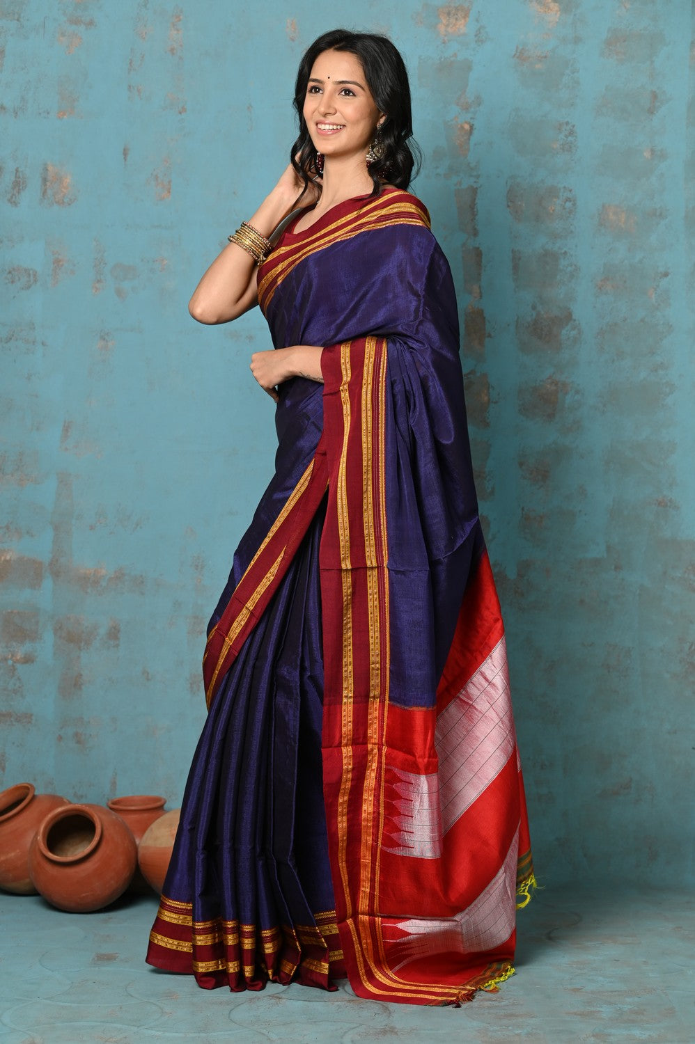 Very Much Indian Tyohaar - Traditional Handloom Royal Blue Ilkal Cotton Viscose with Red Pure Silk Pallu | Swadesiicart