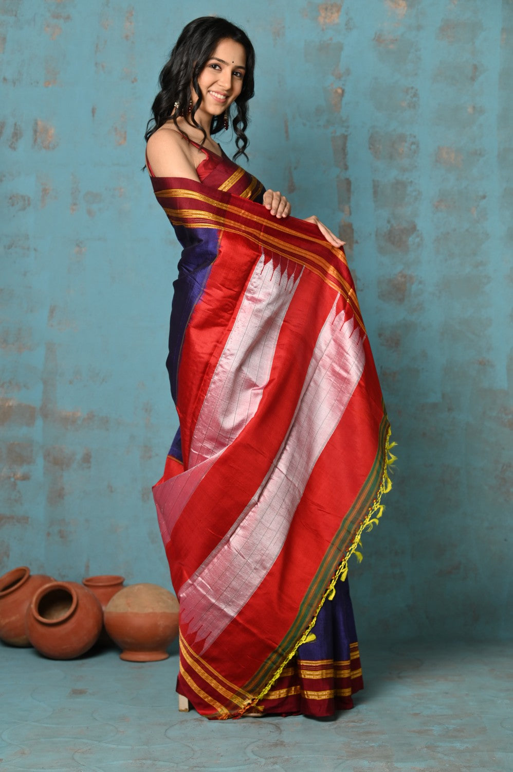 Very Much Indian Tyohaar - Traditional Handloom Royal Blue Ilkal Cotton Viscose with Red Pure Silk Pallu | Swadesiicart
