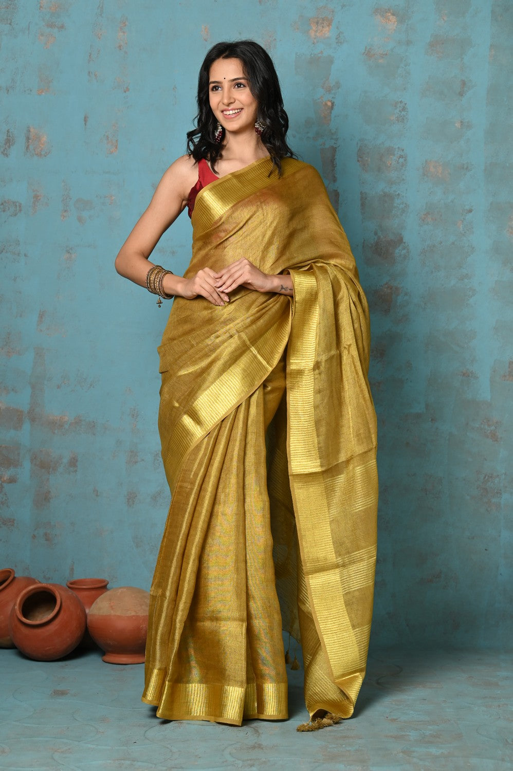 Very Much Indian Tyohaar - Pure Handwoven Organic Tissue Linen Saree - Shimmery Gold | Swadesiicart