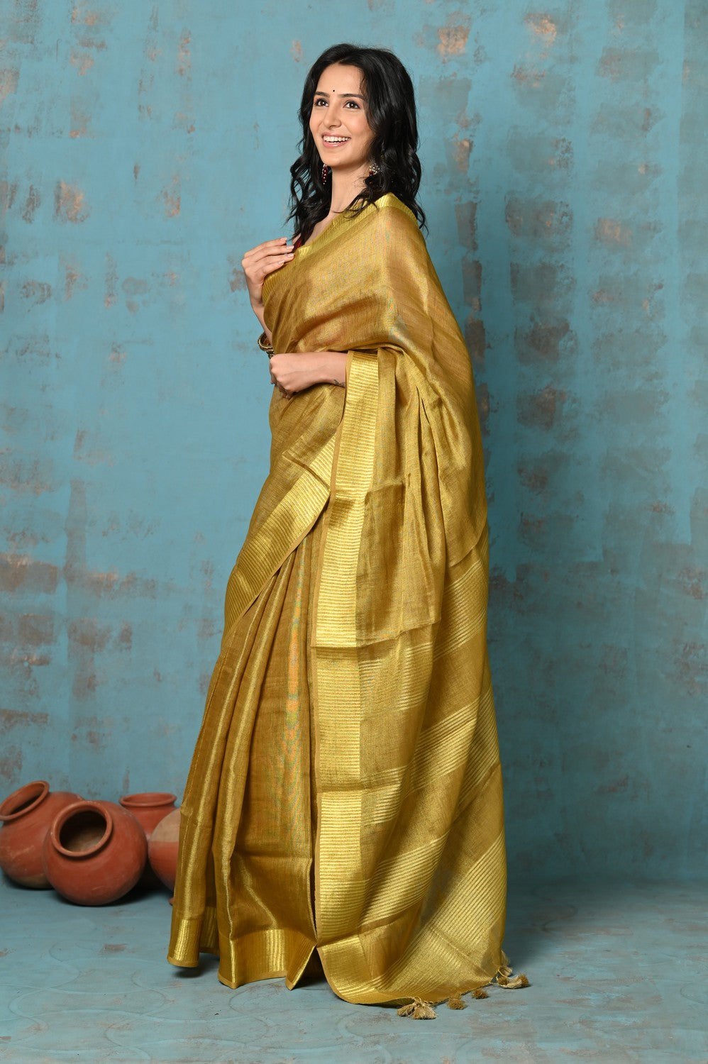 Very Much Indian Tyohaar - Pure Handwoven Organic Tissue Linen Saree - Shimmery Gold | Swadesiicart