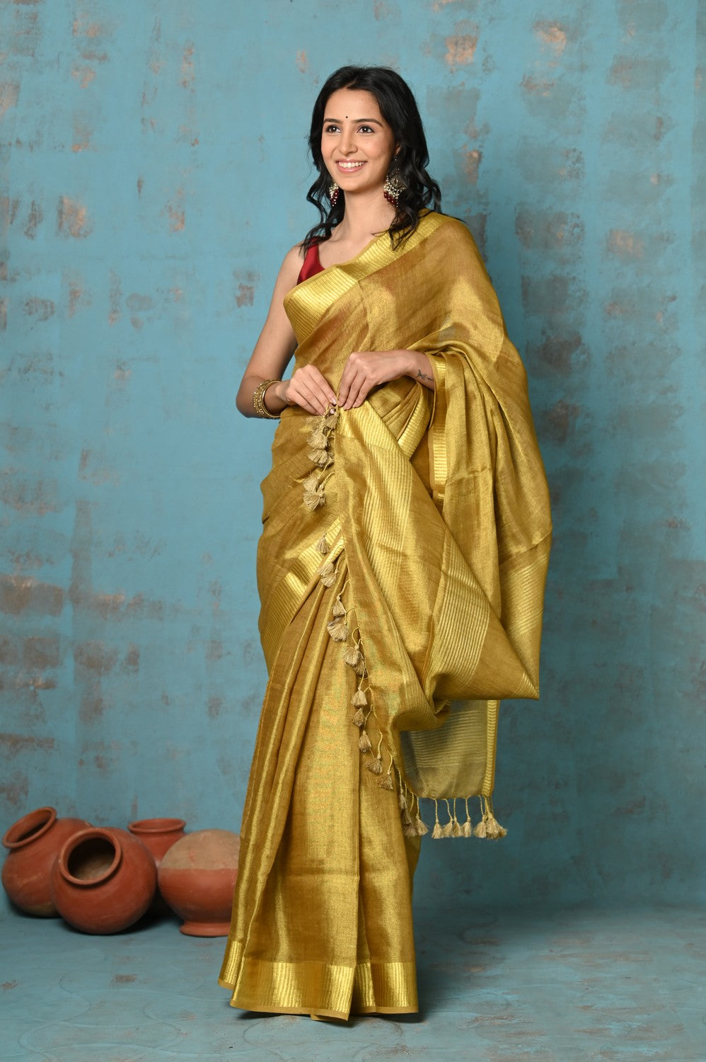Very Much Indian Tyohaar - Pure Handwoven Organic Tissue Linen Saree - Shimmery Gold | Swadesiicart