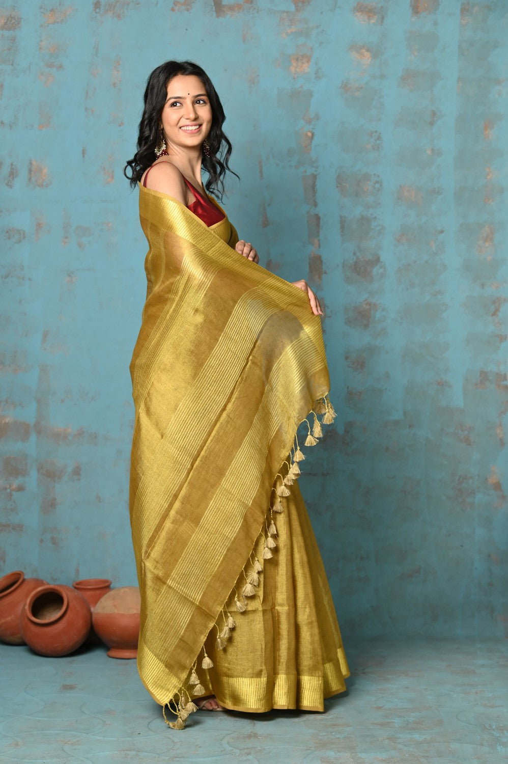 Very Much Indian Tyohaar - Pure Handwoven Organic Tissue Linen Saree - Shimmery Gold | Swadesiicart