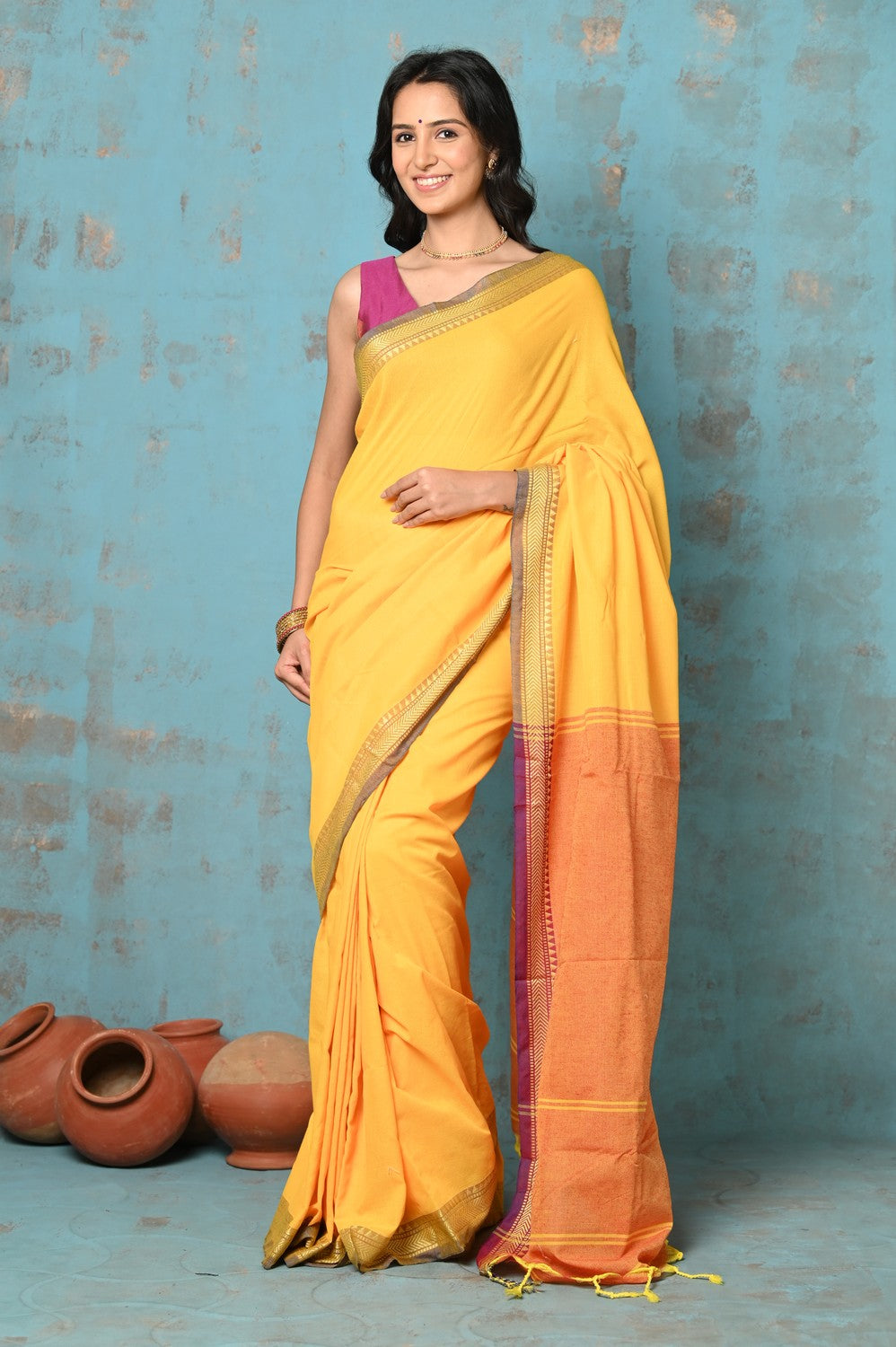 Very Much Indian Tyohaar - Pure Mul Cotton Handloom Saree - Yellow | Swadesiicart