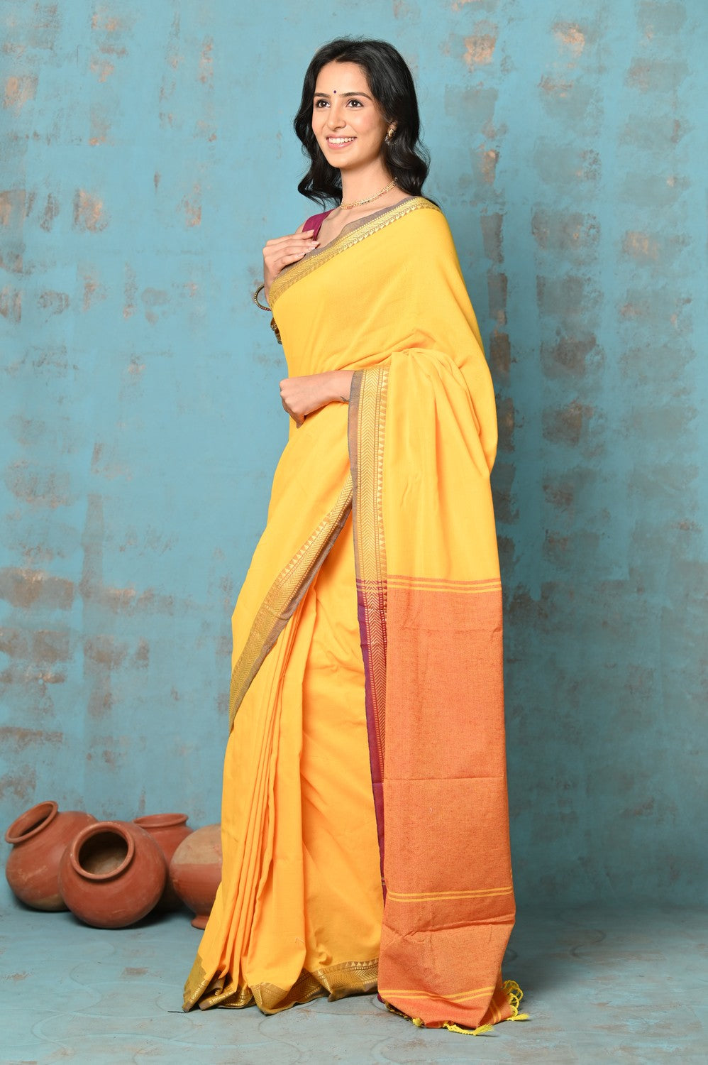Very Much Indian Tyohaar - Pure Mul Cotton Handloom Saree - Yellow | Swadesiicart