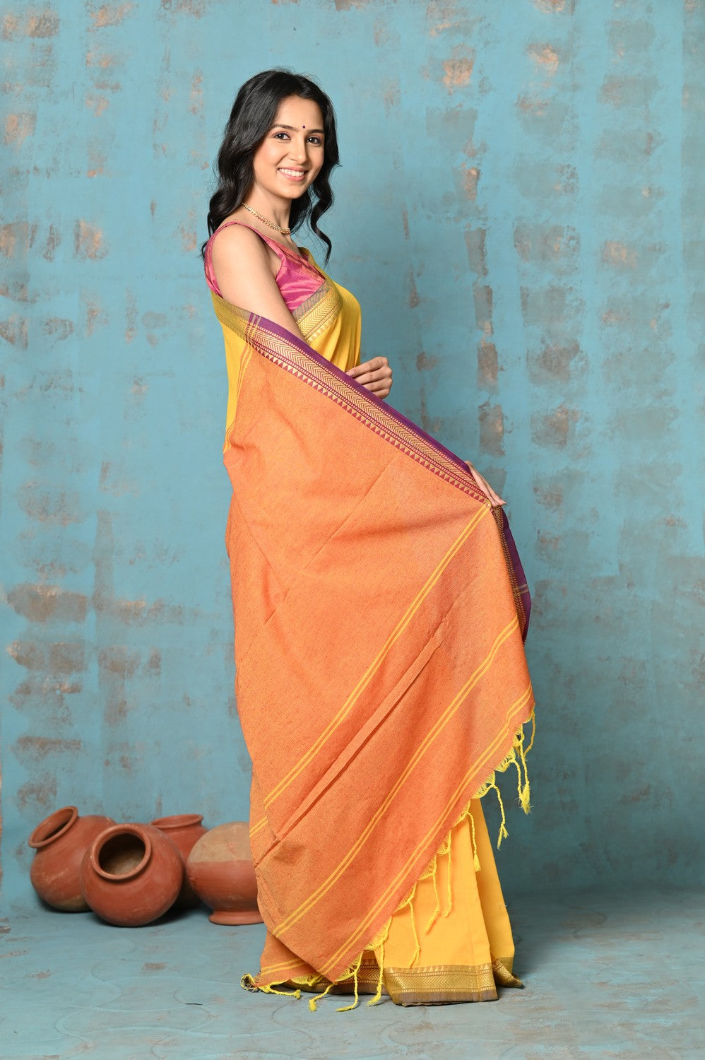 Very Much Indian Tyohaar - Pure Mul Cotton Handloom Saree - Yellow | Swadesiicart