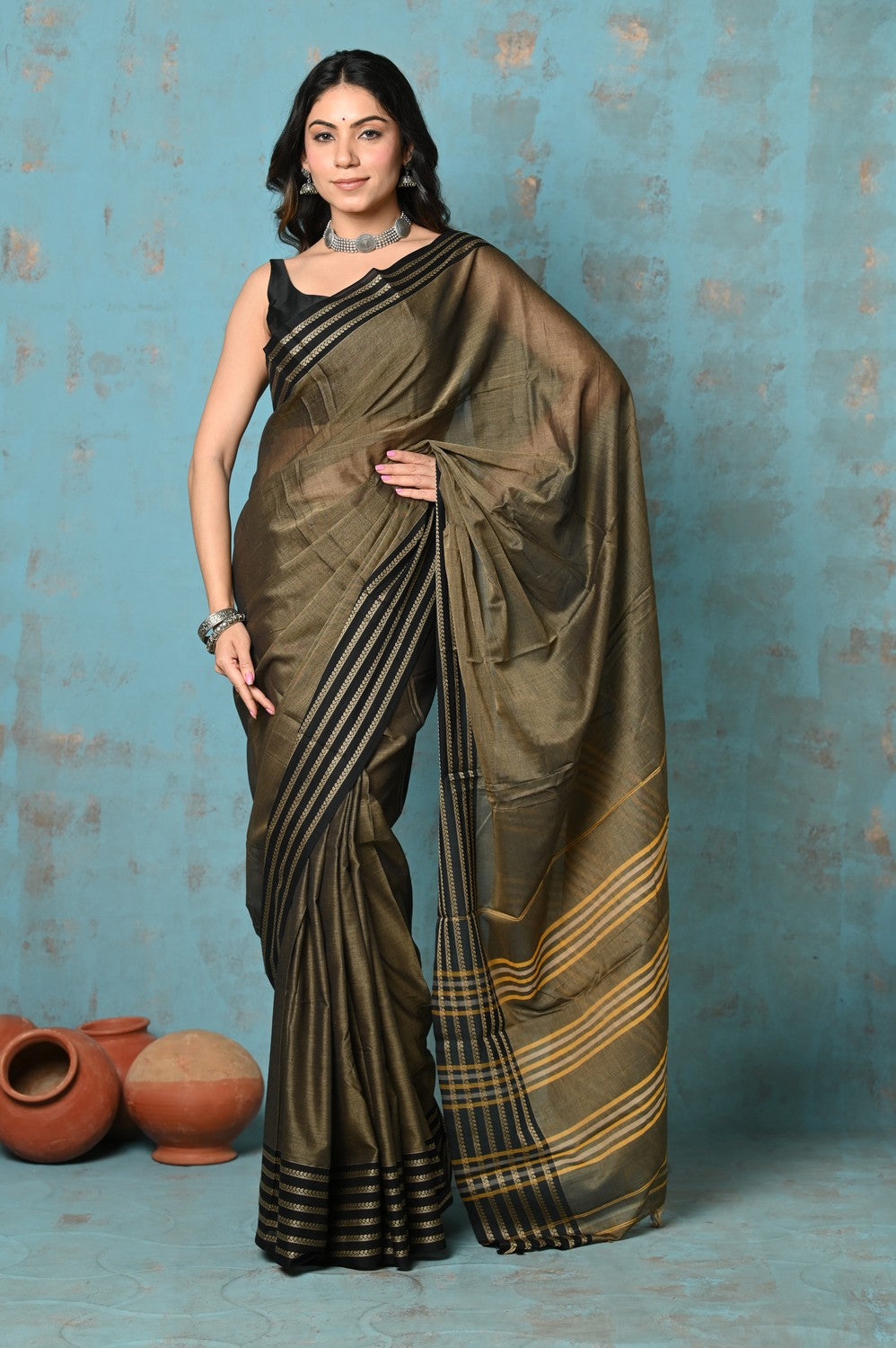 Very Much Indian Tyohaar - Cotton Saree With Border - Copper | Swadesiicart