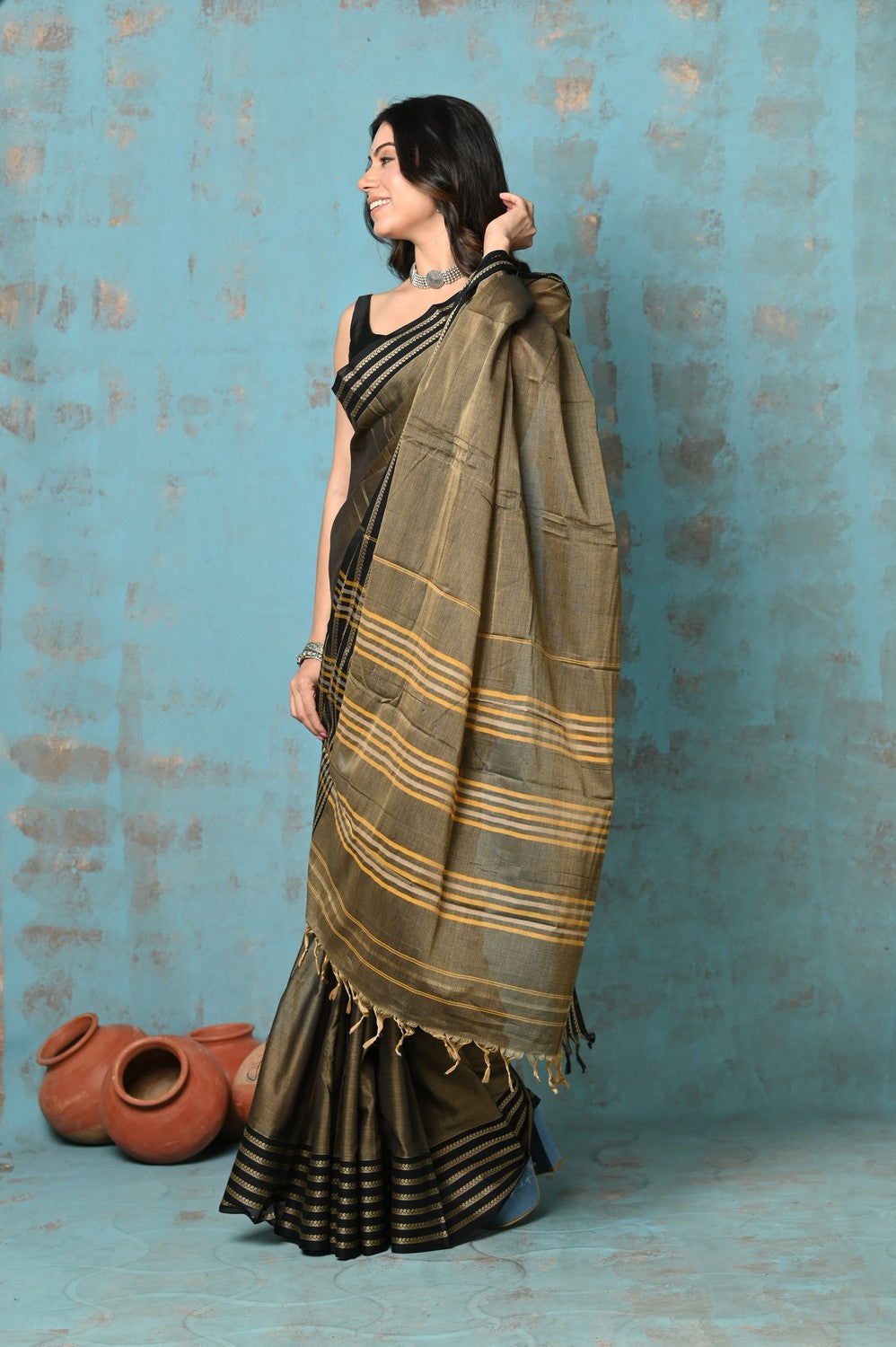 Very Much Indian Tyohaar - Cotton Saree With Border - Copper | Swadesiicart
