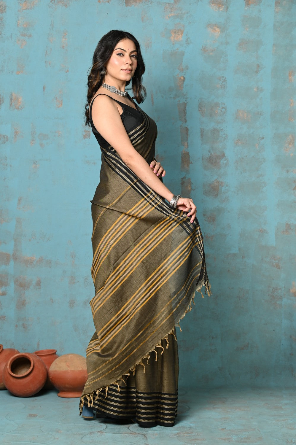Very Much Indian Tyohaar - Cotton Saree With Border - Copper | Swadesiicart