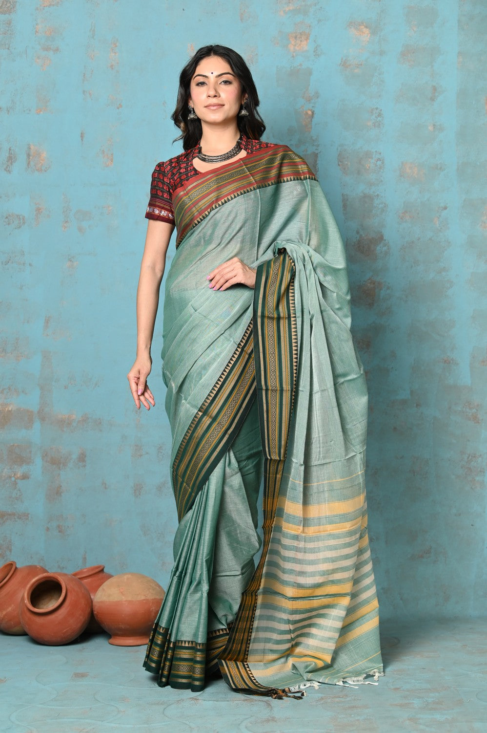 Very Much Indian Tyohaar - Cotton Saree With Ganga Jamuna Border - Sea Green | Swadesiicart
