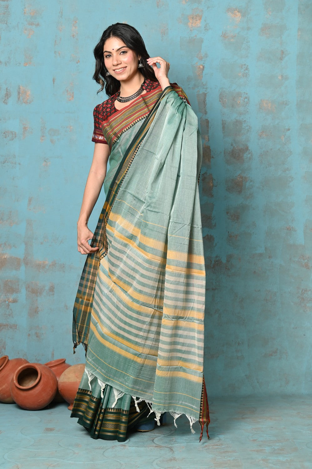 Very Much Indian Tyohaar - Cotton Saree With Ganga Jamuna Border - Sea Green | Swadesiicart