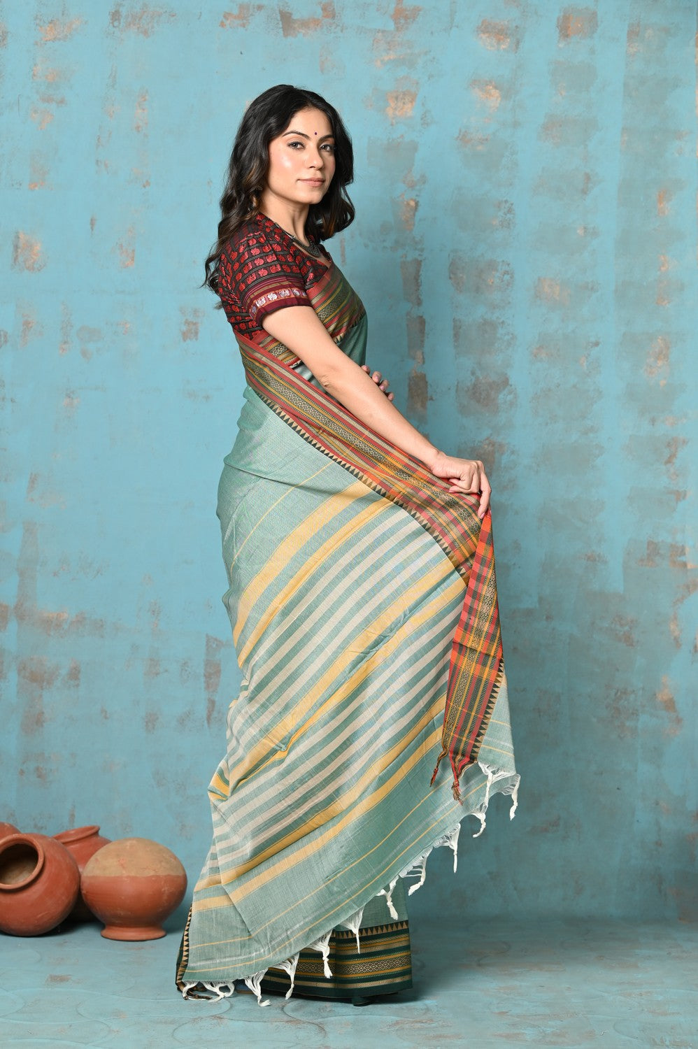 Very Much Indian Tyohaar - Cotton Saree With Ganga Jamuna Border - Sea Green | Swadesiicart