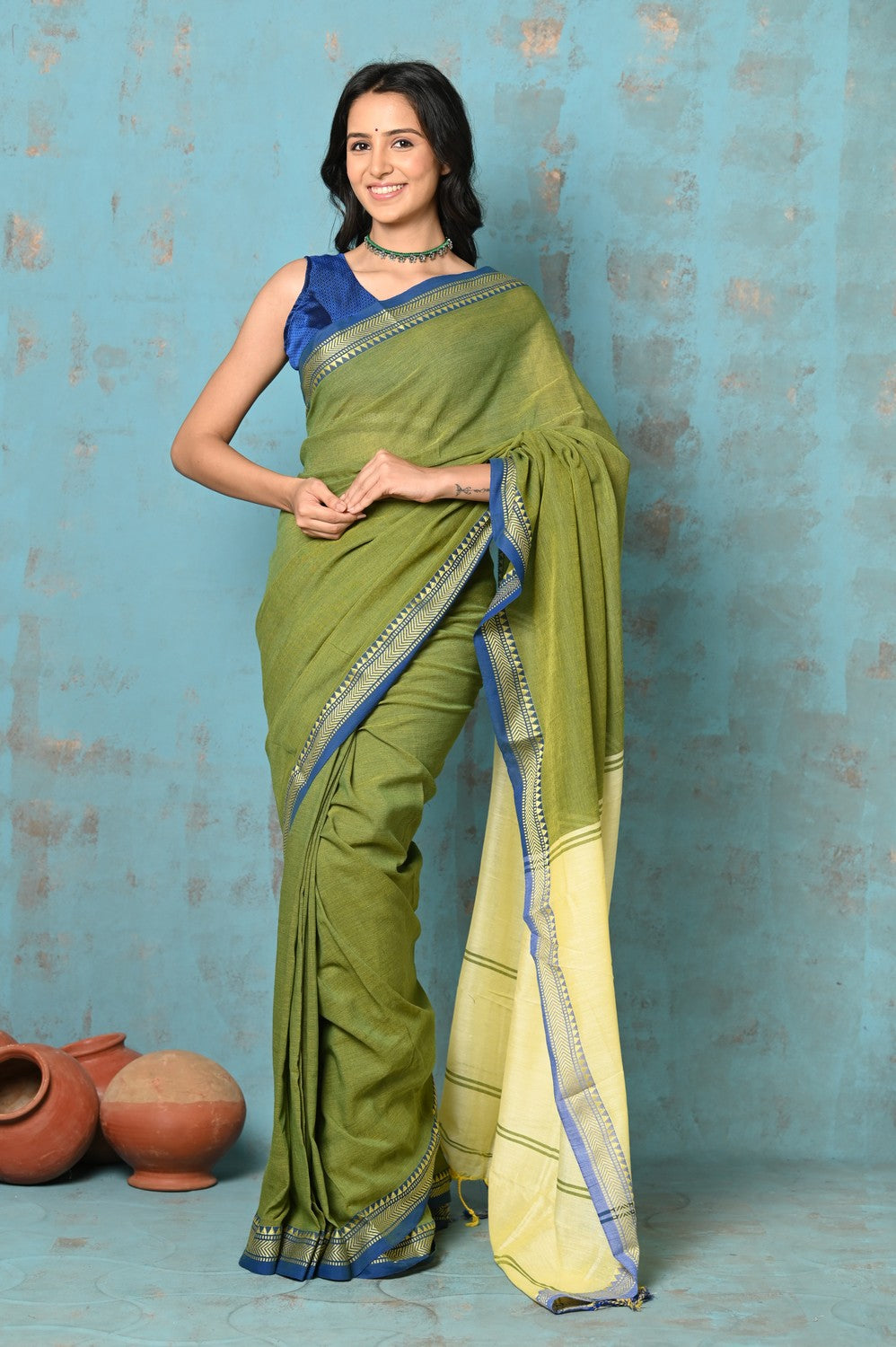 Very Much Indian Tyohaar - Pure Mul Cotton Handloom Saree - Mehendi Green | Swadesiicart