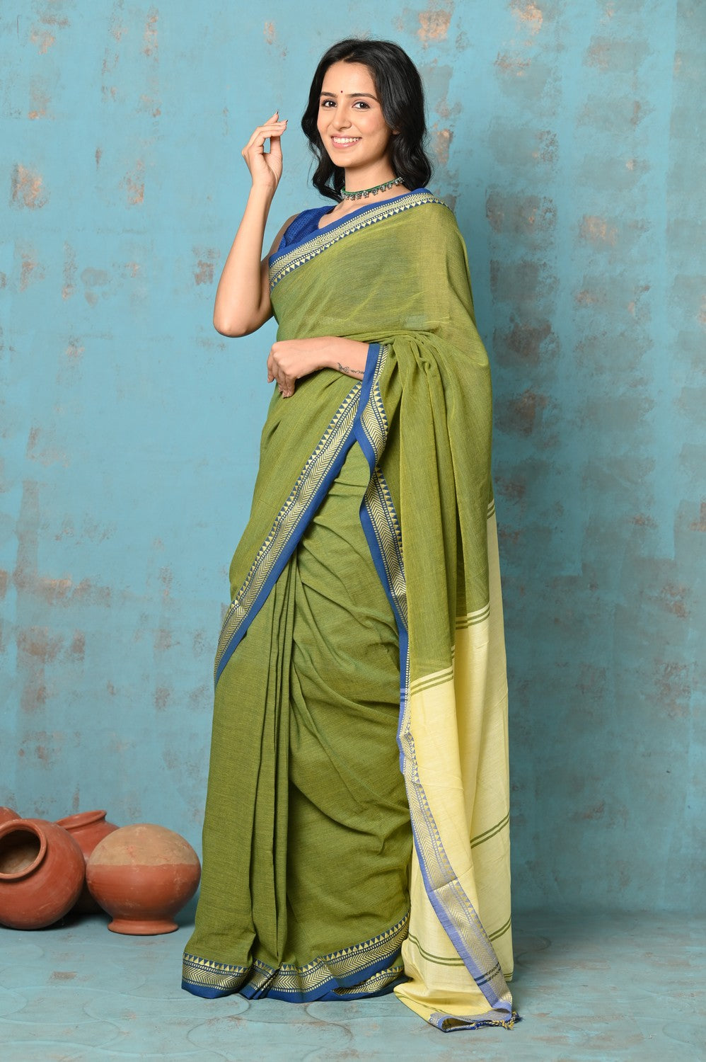 Very Much Indian Tyohaar - Pure Mul Cotton Handloom Saree - Mehendi Green | Swadesiicart