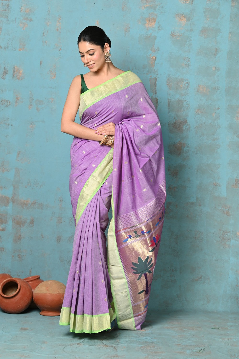 Very Much Indian Tyohaar - Exclusive! Handloom Pure Cotton Paithani in Most Traditional Lilac with Pichwai Pallu | Swadesiicart