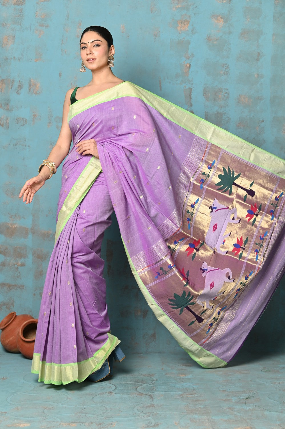 Very Much Indian Tyohaar - Exclusive! Handloom Pure Cotton Paithani in Most Traditional Lilac with Pichwai Pallu | Swadesiicart