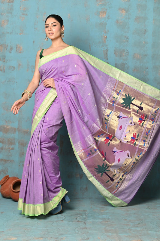 Very Much Indian Tyohaar - Exclusive! Handloom Pure Cotton Paithani in Most Traditional Lilac with Pichwai Pallu | Swadesiicart