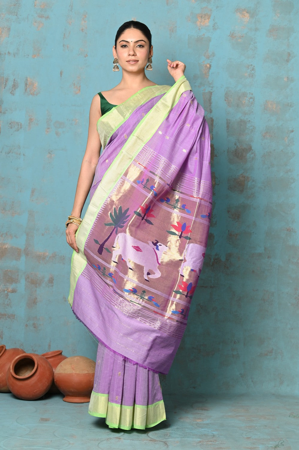 Very Much Indian Tyohaar - Exclusive! Handloom Pure Cotton Paithani in Most Traditional Lilac with Pichwai Pallu | Swadesiicart