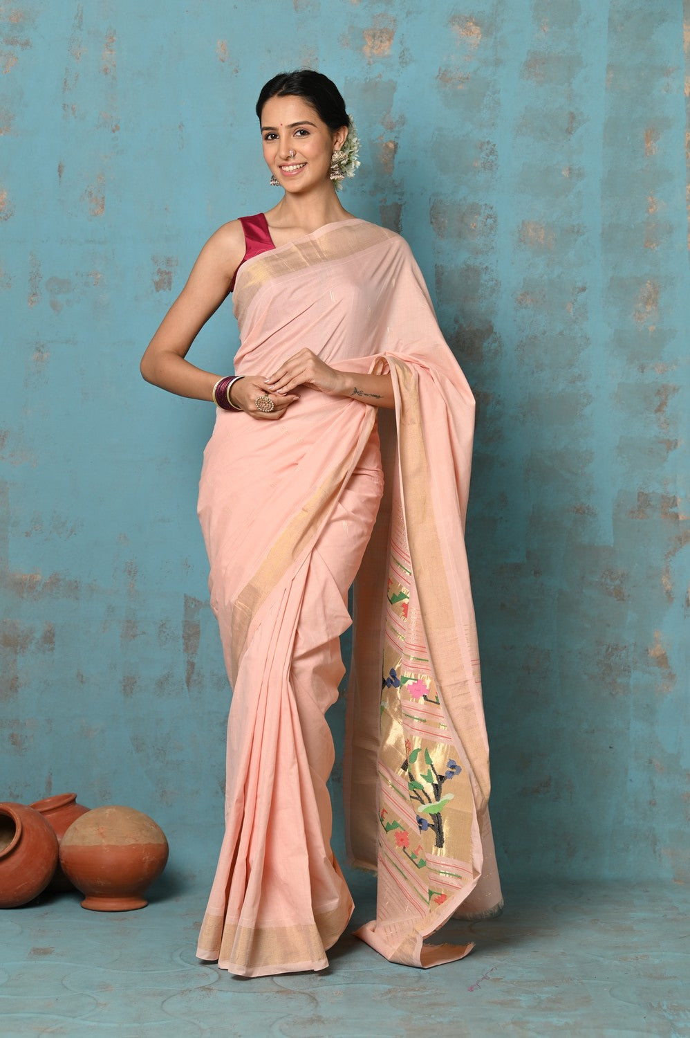 Very Much Indian Tyohaar - Handloom Pure Cotton Paithani With Lotus Pallu - Peach | Swadesiicart
