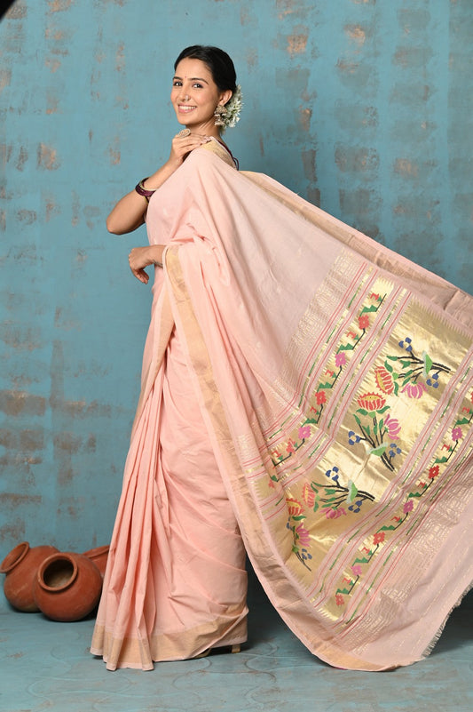 Very Much Indian Tyohaar - Handloom Pure Cotton Paithani With Lotus Pallu - Peach | Swadesiicart