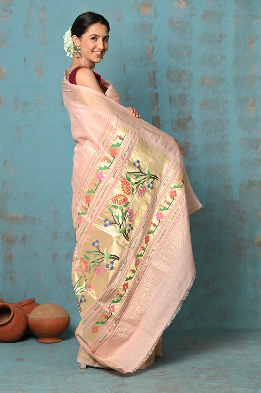 Very Much Indian Tyohaar - Handloom Pure Cotton Paithani With Lotus Pallu - Peach | Swadesiicart