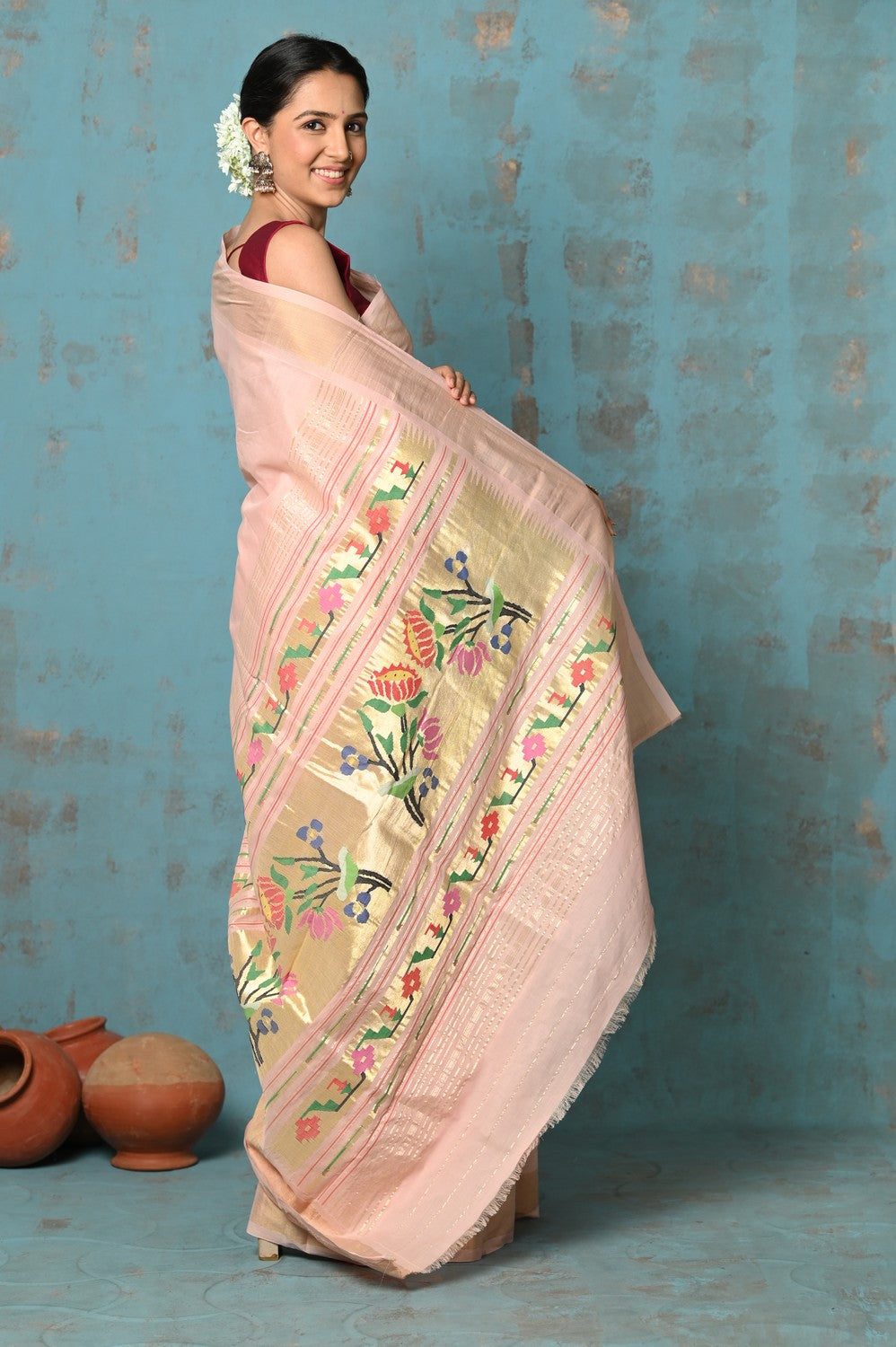 Very Much Indian Tyohaar - Handloom Pure Cotton Paithani With Lotus Pallu - Peach | Swadesiicart