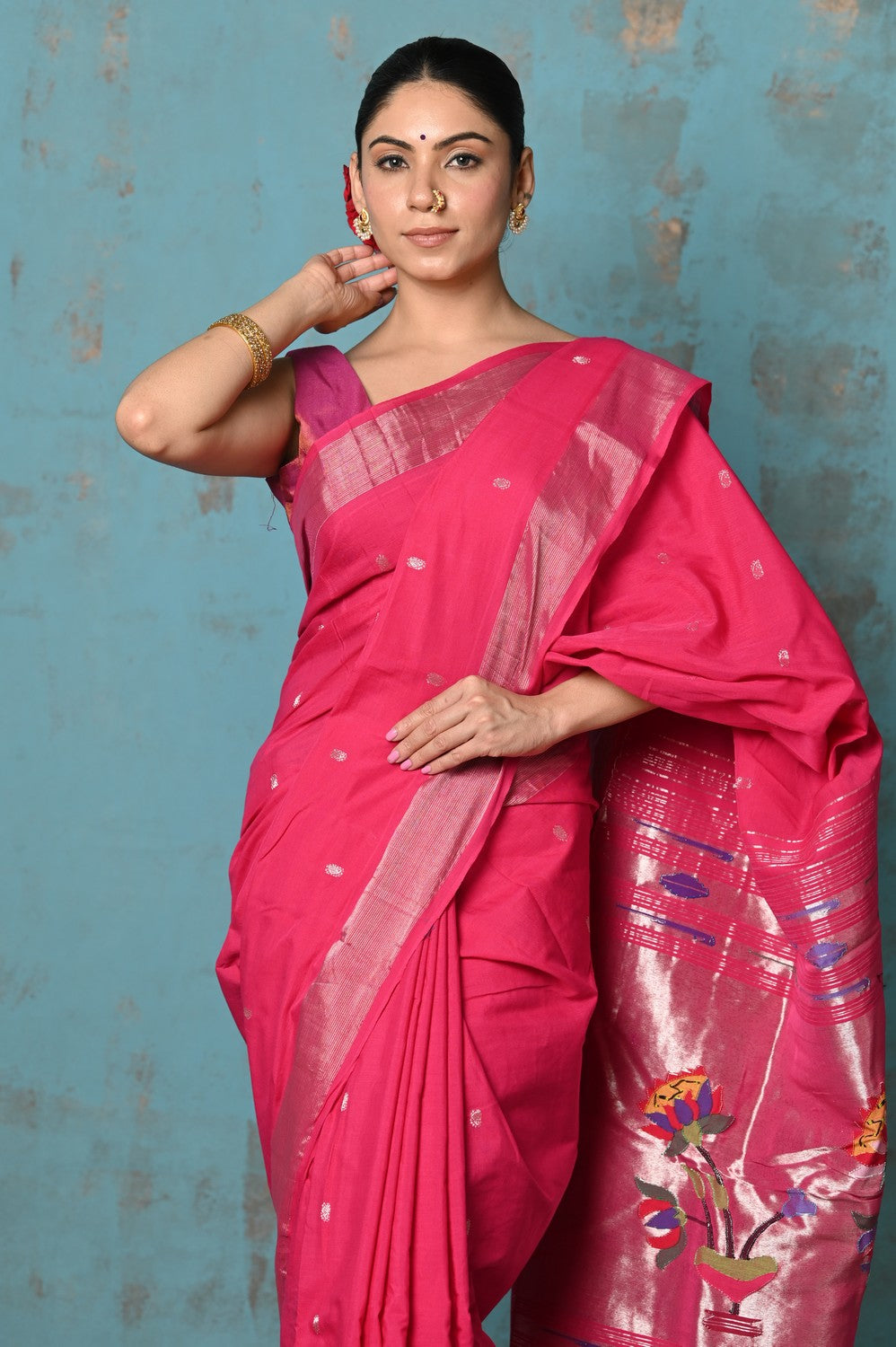 Very Much Indian Tyohaar - Handloom Pure Cotton Paithani With Lotus Pallu - Blush Pink | Swadesiicart