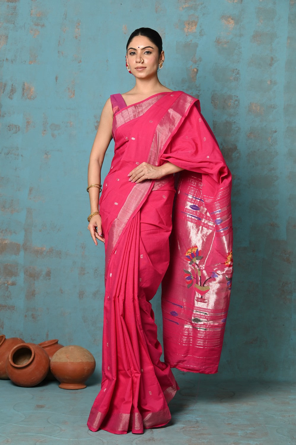 Very Much Indian Tyohaar - Handloom Pure Cotton Paithani With Lotus Pallu - Blush Pink | Swadesiicart
