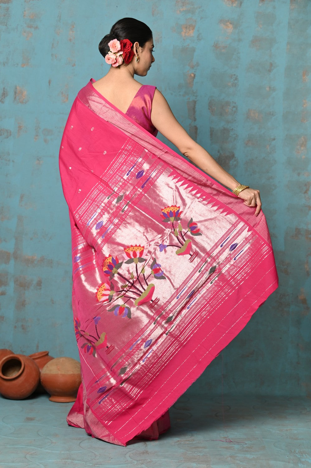 Very Much Indian Tyohaar - Handloom Pure Cotton Paithani With Lotus Pallu - Blush Pink | Swadesiicart