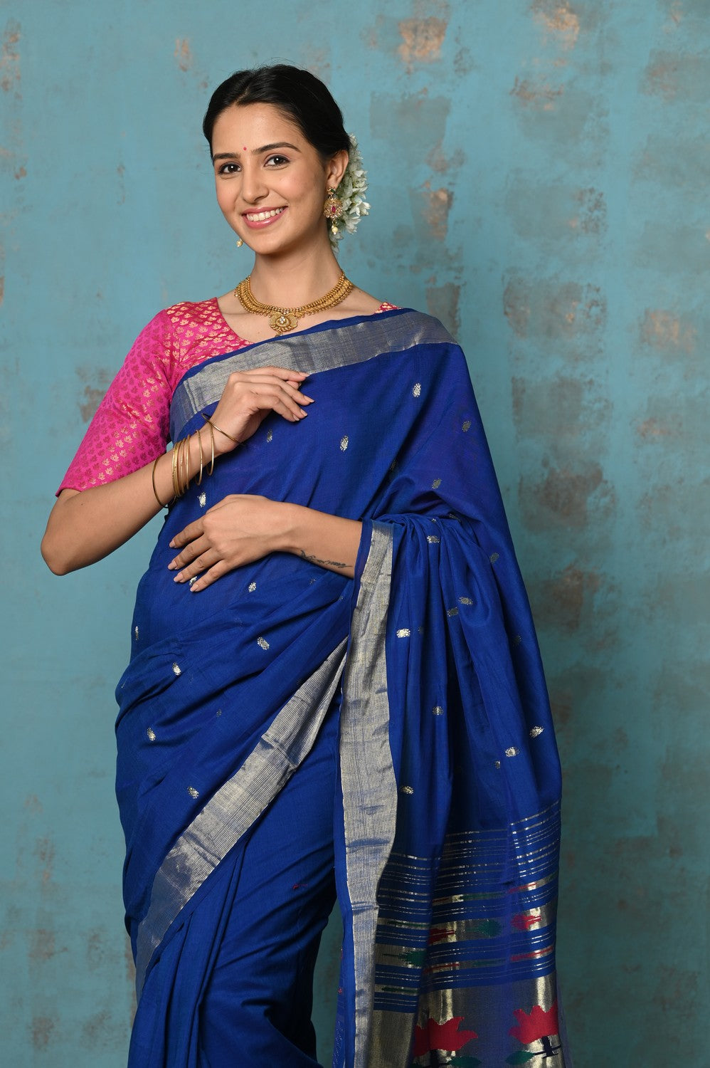 Very Much Indian Tyohaar - Exclusive! Handloom Pure Cotton Paithani in Most Traditional Royal Blue with Pichwai Pallu | Swadesiicart