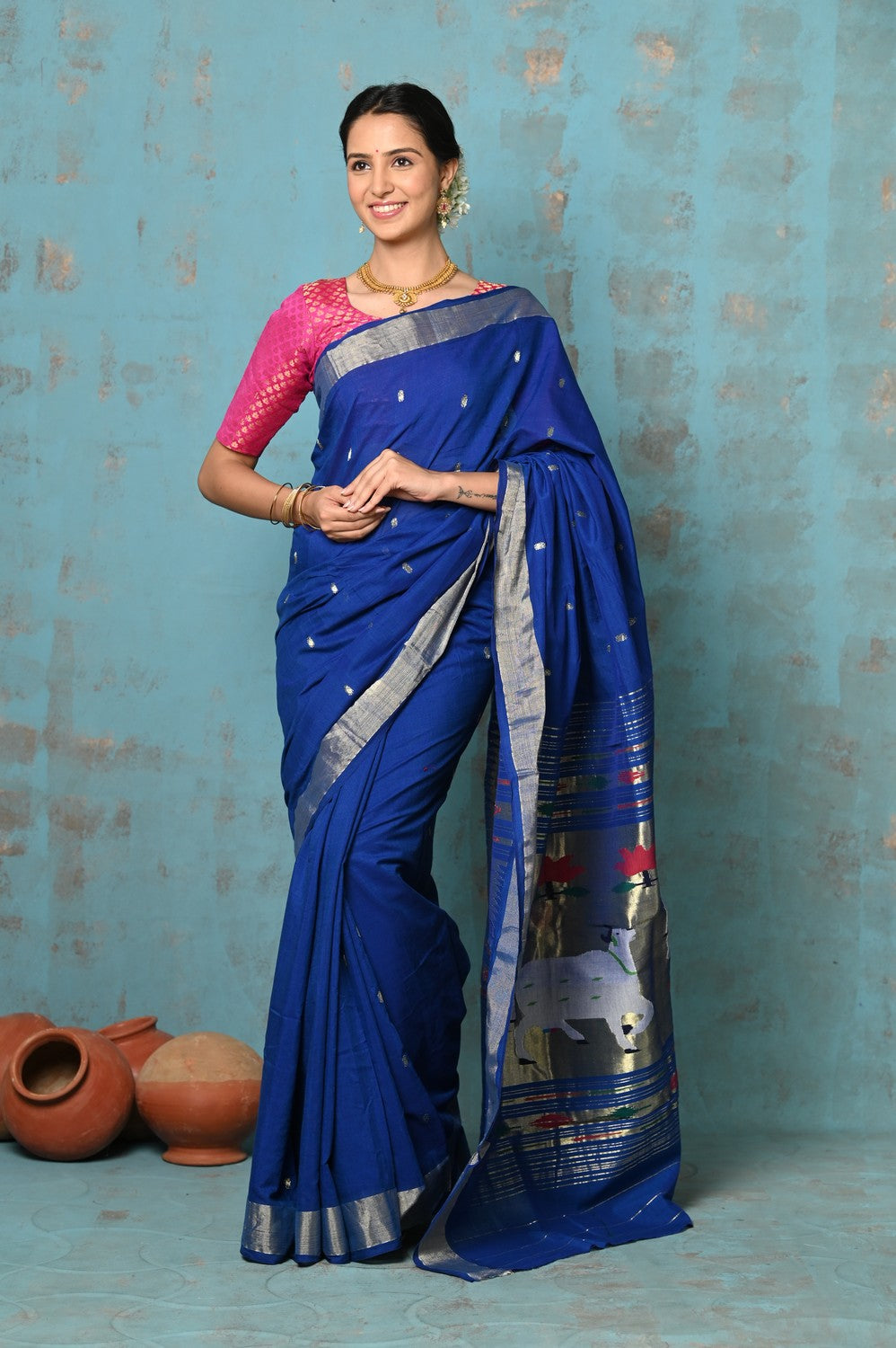 Very Much Indian Tyohaar - Exclusive! Handloom Pure Cotton Paithani in Most Traditional Royal Blue with Pichwai Pallu | Swadesiicart