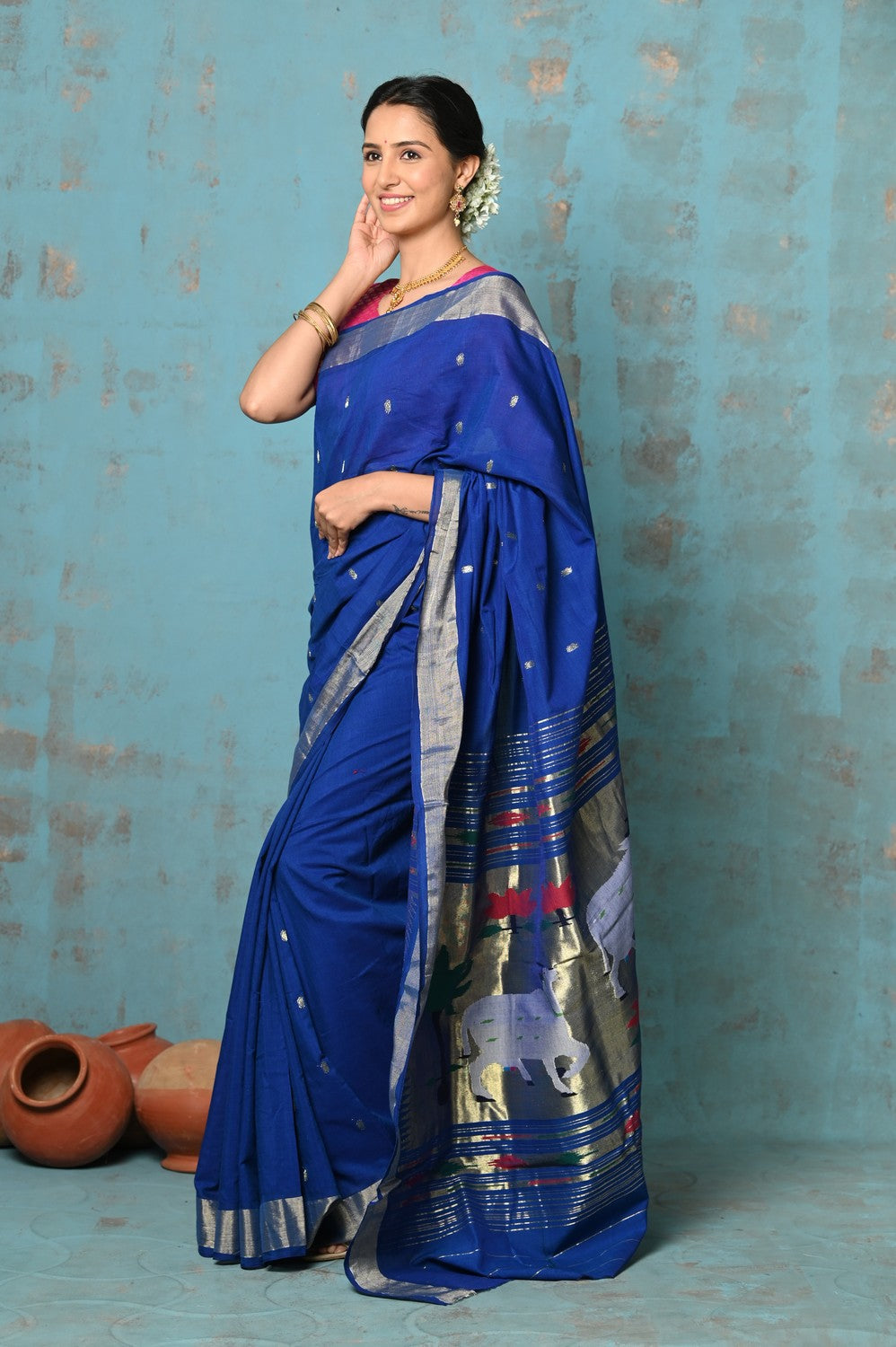Very Much Indian Tyohaar - Exclusive! Handloom Pure Cotton Paithani in Most Traditional Royal Blue with Pichwai Pallu | Swadesiicart