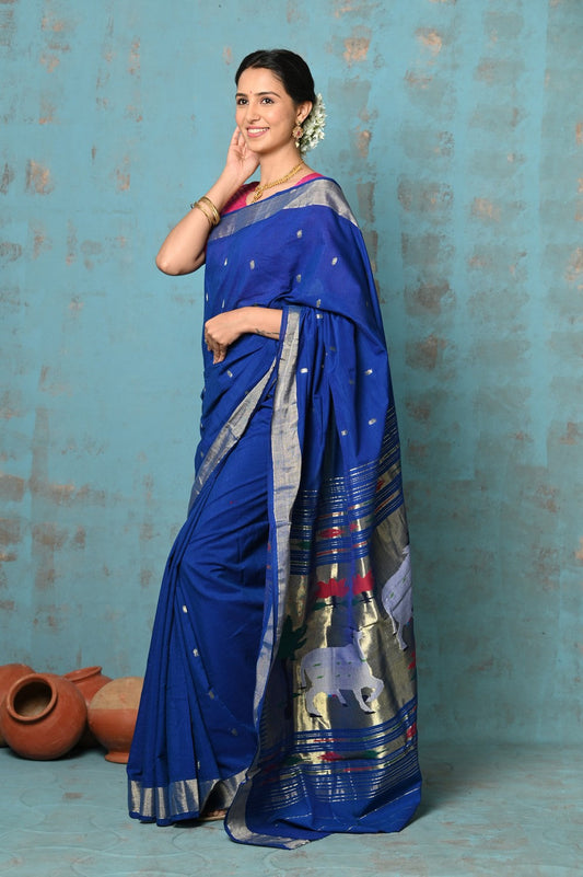 Very Much Indian Tyohaar - Exclusive! Handloom Pure Cotton Paithani in Most Traditional Royal Blue with Pichwai Pallu | Swadesiicart