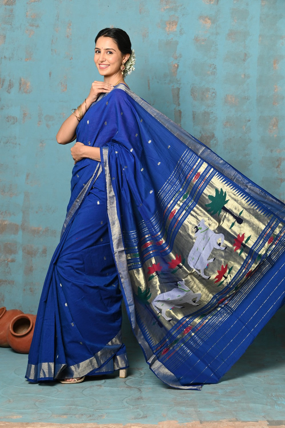 Very Much Indian Tyohaar - Exclusive! Handloom Pure Cotton Paithani in Most Traditional Royal Blue with Pichwai Pallu | Swadesiicart