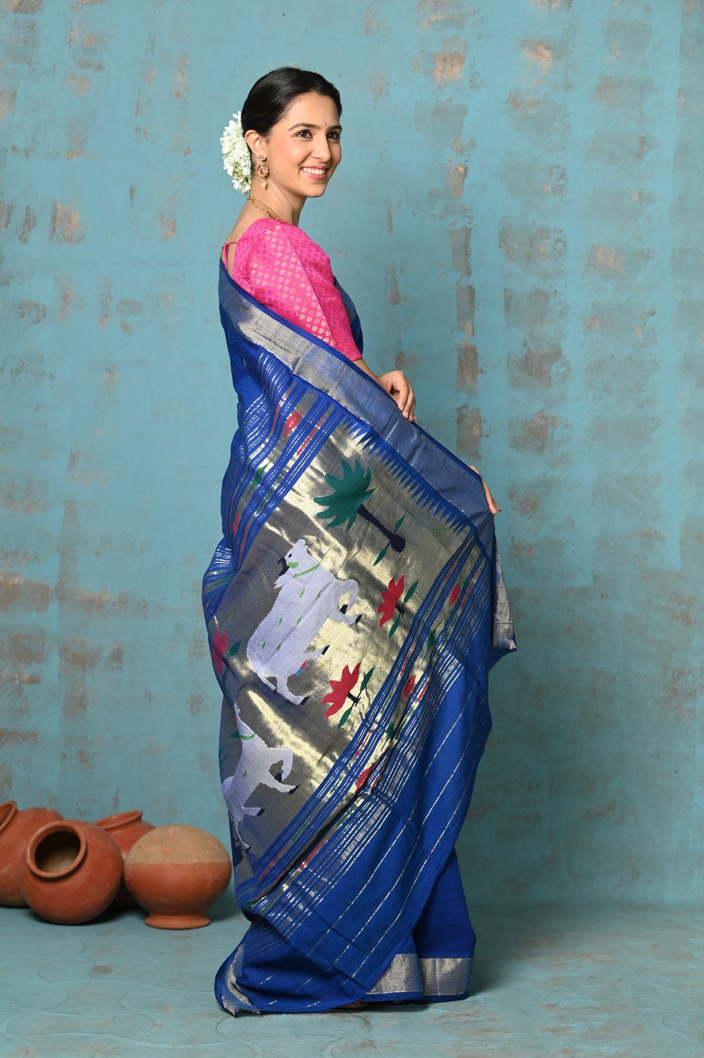 Very Much Indian Tyohaar - Exclusive! Handloom Pure Cotton Paithani in Most Traditional Royal Blue with Pichwai Pallu | Swadesiicart