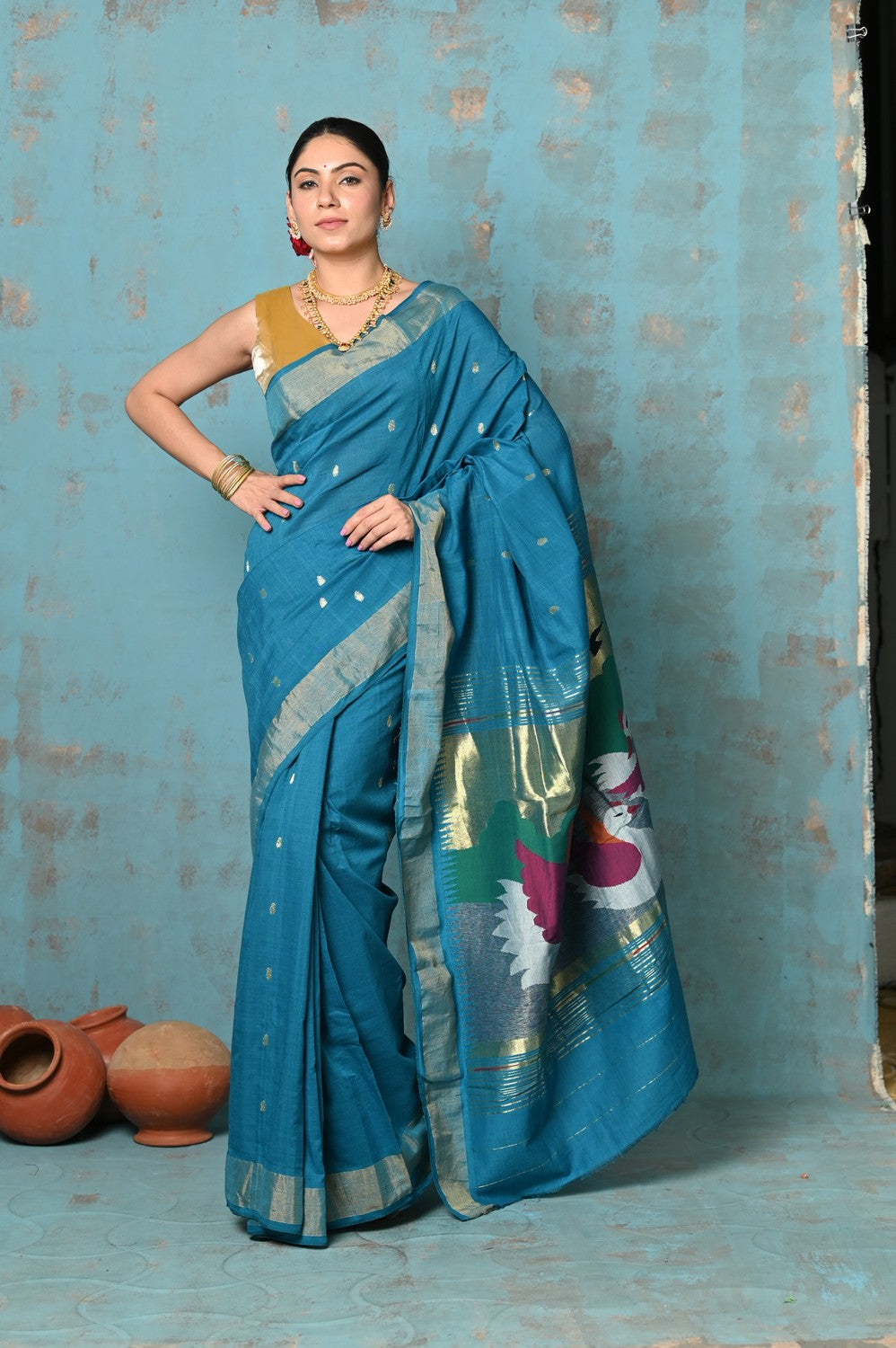 Very Much Indian Tyohaar - Handloom Pure Cotton Paithani With Swan Pallu - Carolina Blue | Swadesiicart
