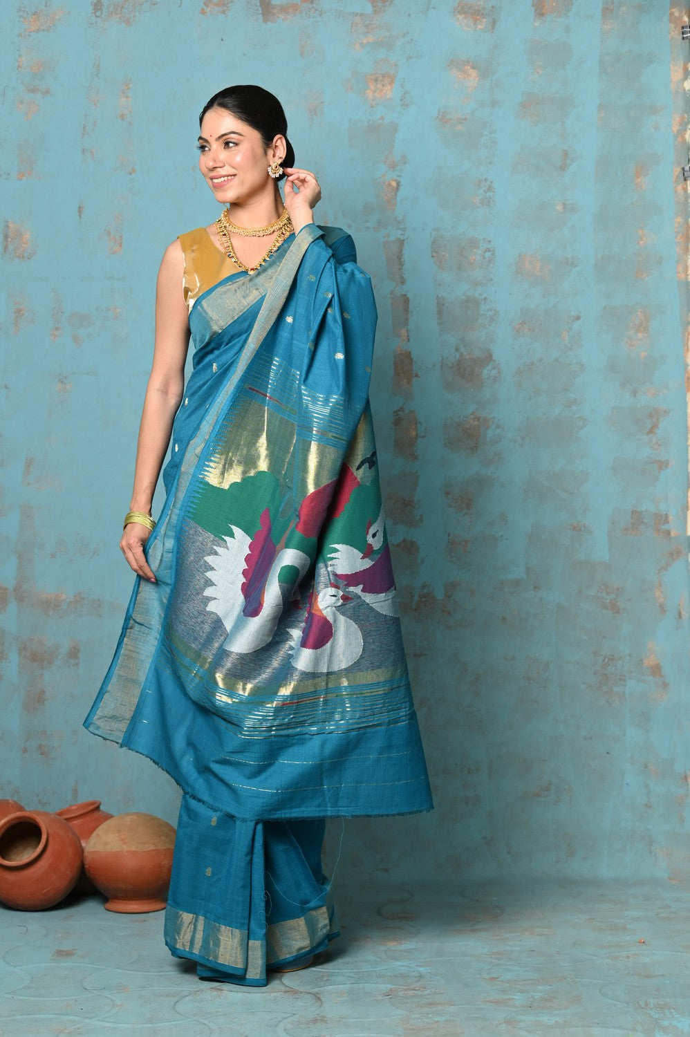 Very Much Indian Tyohaar - Handloom Pure Cotton Paithani With Swan Pallu - Carolina Blue | Swadesiicart