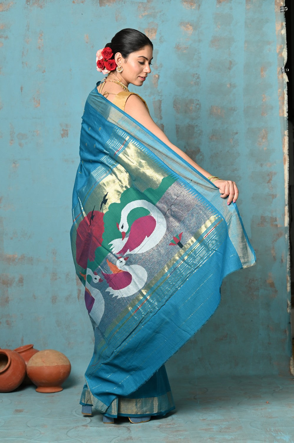 Very Much Indian Tyohaar - Handloom Pure Cotton Paithani With Swan Pallu - Carolina Blue | Swadesiicart