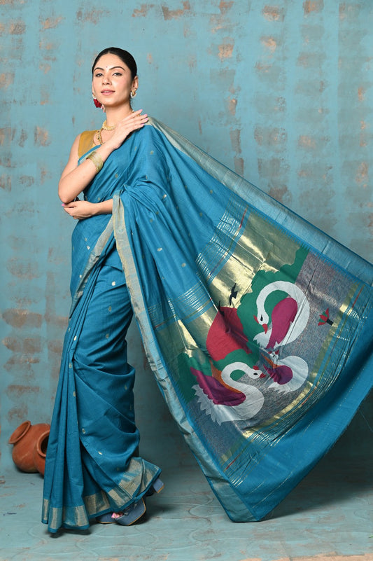 Very Much Indian Tyohaar - Handloom Pure Cotton Paithani With Swan Pallu - Carolina Blue | Swadesiicart