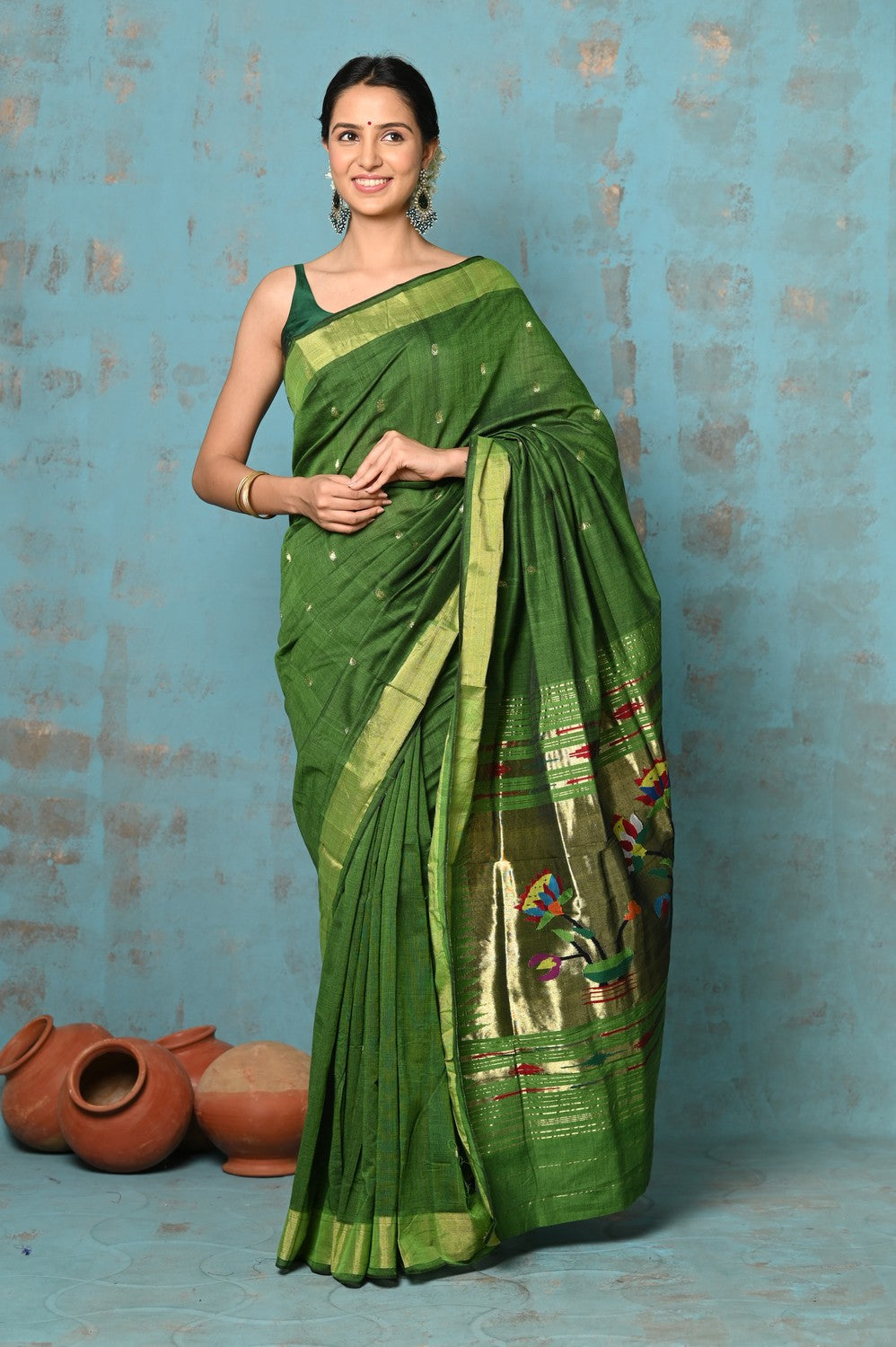 Very Much Indian Tyohaar - Handloom Pure Cotton Paithani With Lotus Pallu - Leaf Green | Swadesiicart