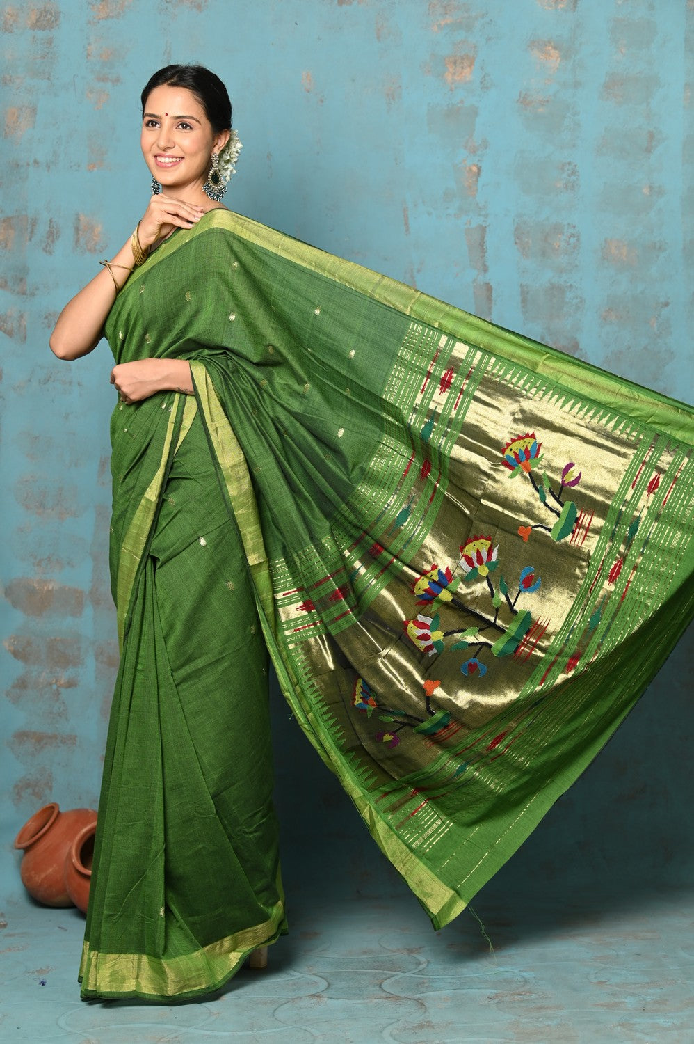 Very Much Indian Tyohaar - Handloom Pure Cotton Paithani With Lotus Pallu - Leaf Green | Swadesiicart