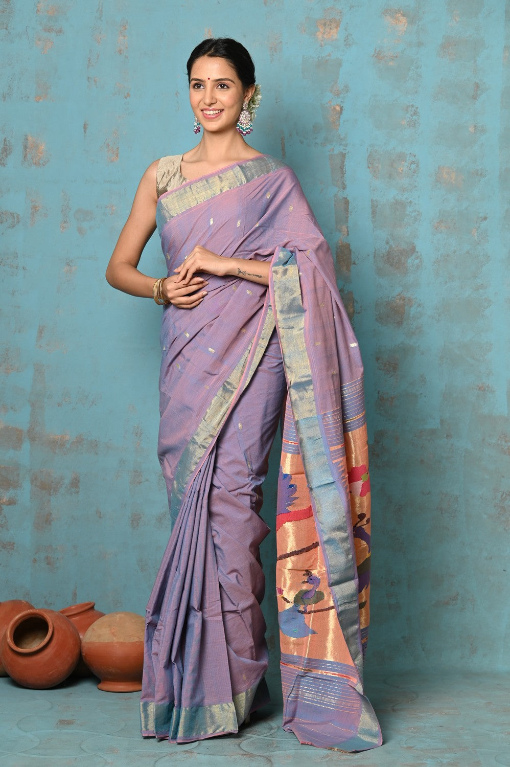 Very Much Indian Tyohaar - Handloom Pure Cotton Paithani With Parrot Peacock Pallu- Dual Tone Sky Blue & Purple | Swadesiicart