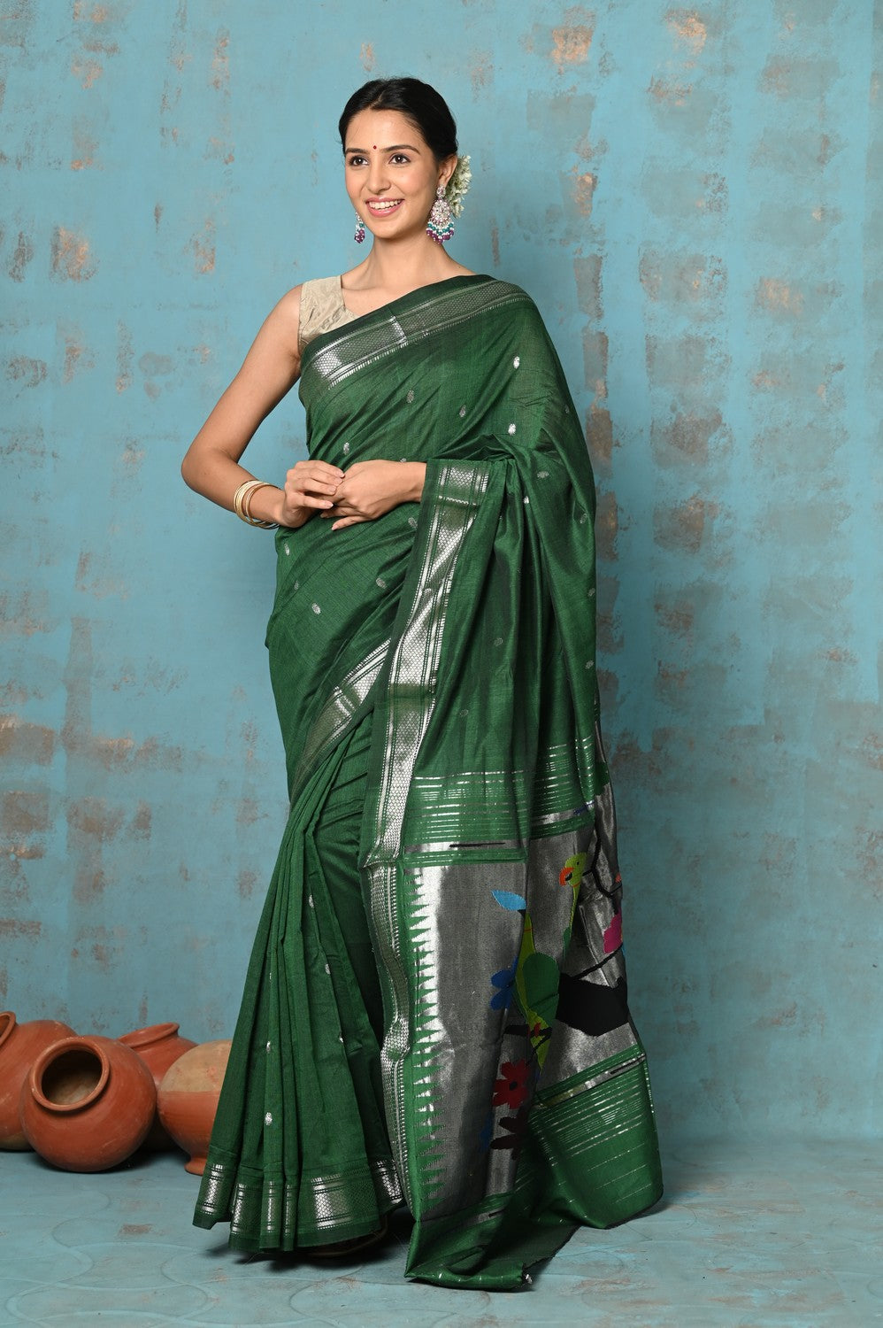 Very Much Indian Tyohaar - Handloom Pure Cotton Paithani With Parrot Pallu- Dark Green | Swadesiicart