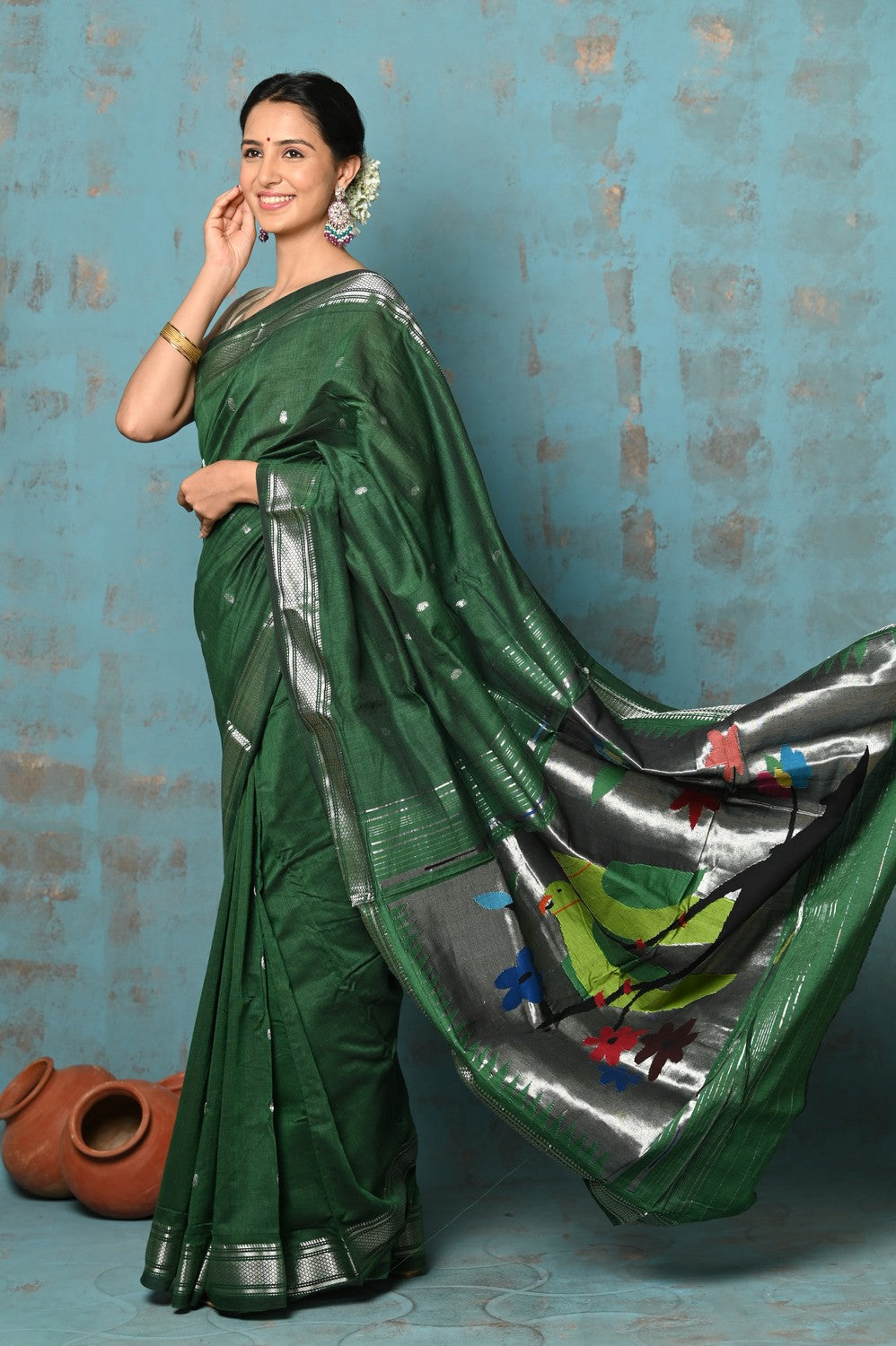 Very Much Indian Tyohaar - Handloom Pure Cotton Paithani With Parrot Pallu- Dark Green | Swadesiicart