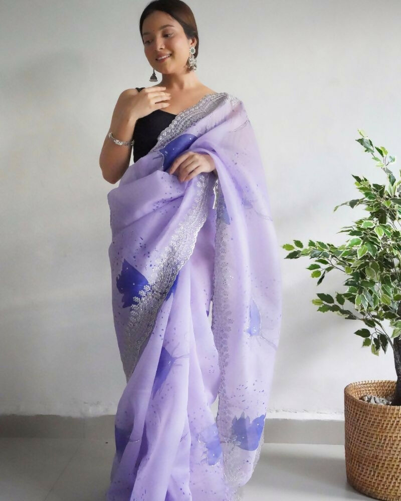 Vamsee Shirovastra Print Lavender Organza Saree - Swadesiicart