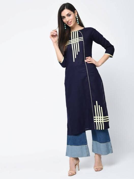 Aniyah Cotton Straight Kurta Blue Color With Patchwork (AN-106K) - Swadesiicart